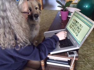 Stella working on her blog with Elizabeth, her scribe